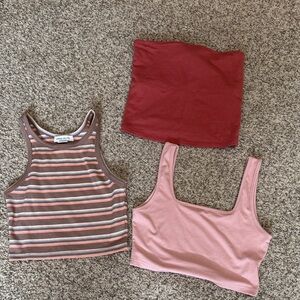 Set of Three Crop Tops - Striped, Rust, and Pink. Size Medium.